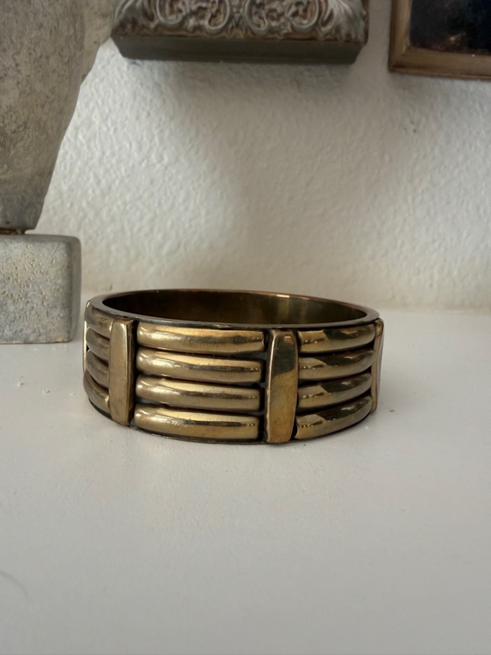 Vintage Wide Brass Ribbed Cuff Bracelet‎ Bold Modernist Statement Bangle